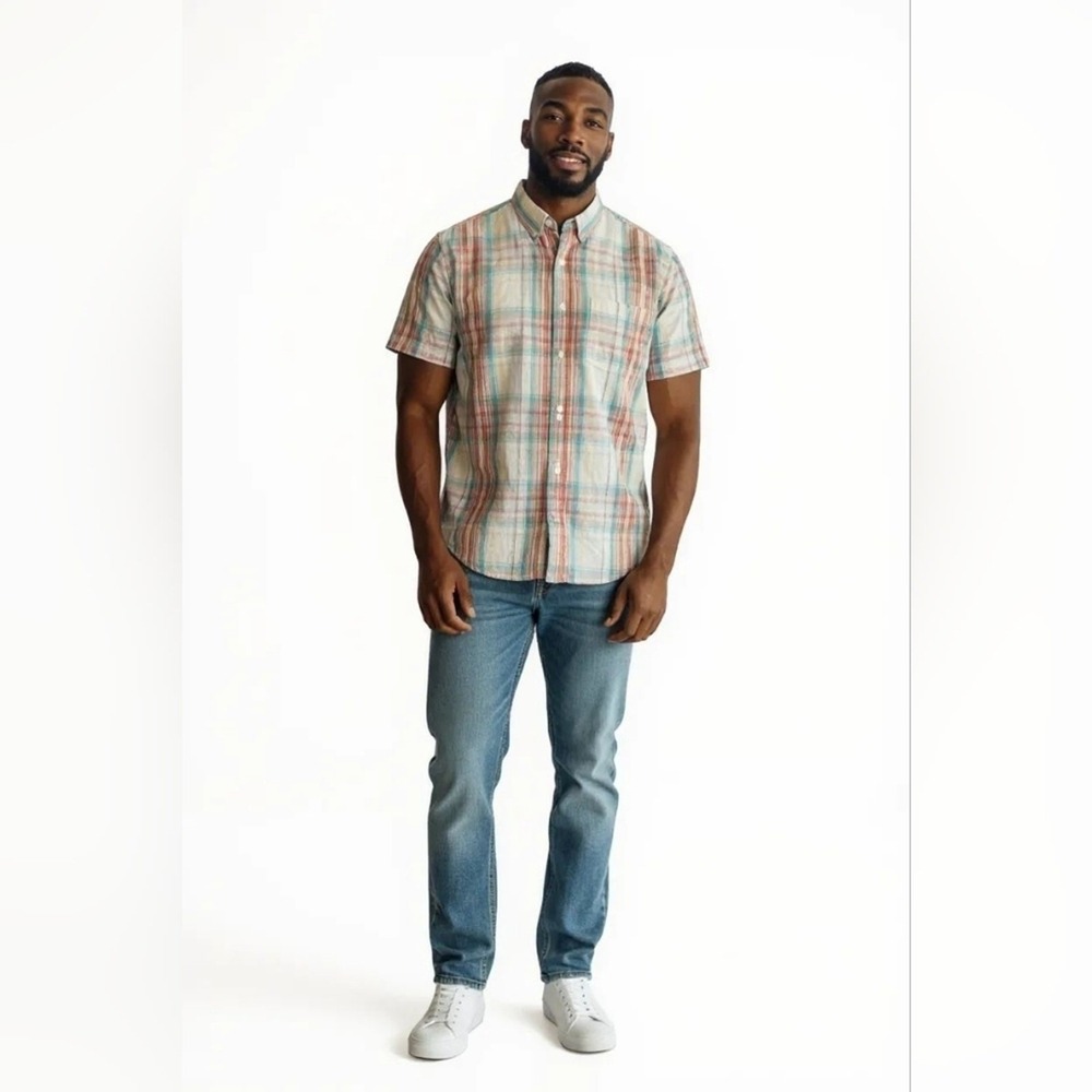 Scandia Woods Mens Colorful Plaid Button Down Shirt XL Short Sleeve Searsucker‎